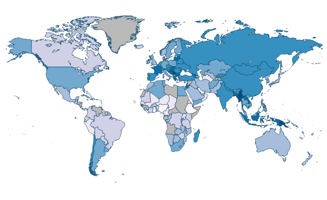 Smoking prevalence, total (ages 15+) by Country