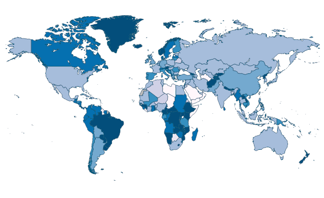 Renewable electricity output (% of total electricity output) by Country